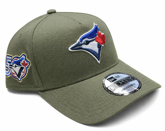 New Era 9FORTY A-Frame MLB Toronto Blue Jays 50th Anniversary Side Patch Custom Collection Adjustable Hat - Olive Green