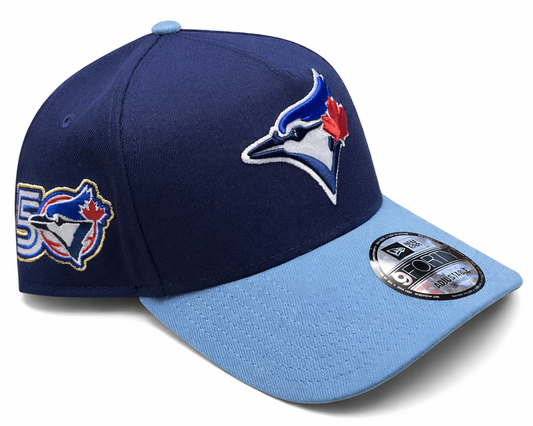 New Era 9FORTY A-Frame MLB Toronto Blue Jays Two Tone 50th Anniversary Side Patch Custom Collection Adjustable Hat - Navy/Powder Blue