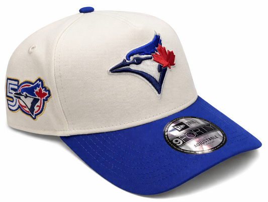 New Era 9FORTY A-Frame MLB Toronto Blue Jays Two Tone 50th Anniversary Side Patch Custom Collection Adjustable Hat - Off-White/Royal Blue
