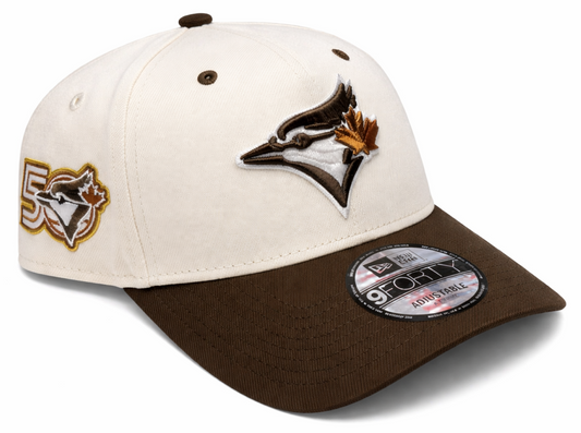 New Era 9FORTY A-Frame MLB Toronto Blue Jays Two Tone 50th Anniversary Side Patch Custom Collection Adjustable Hat - Off-White/Brown