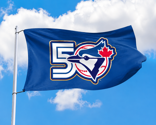Blue flag with a logo featuring a blue jay and number 50 against a blue sky with clouds