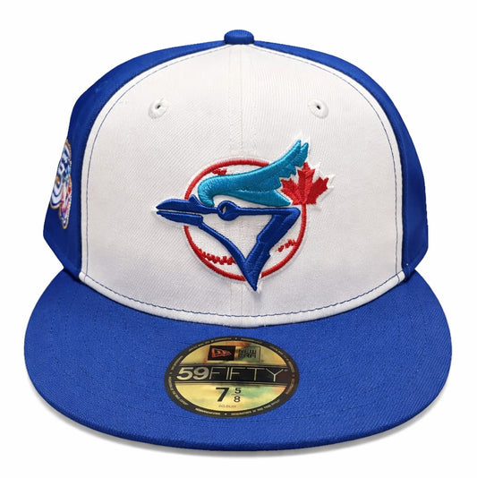 New Era 59FIFTY MLB Toronto Blue Jays Cooperstown Logo 50th Anniversary Side Patch Custom Collection Fitted Hat - Blue/White