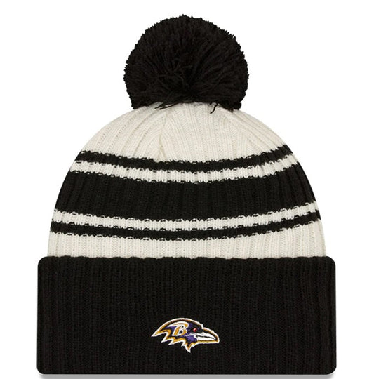 New Era Cream/Black Baltimore Ravens 2022 Sideline Sport Cuffed Pom Knit Hat