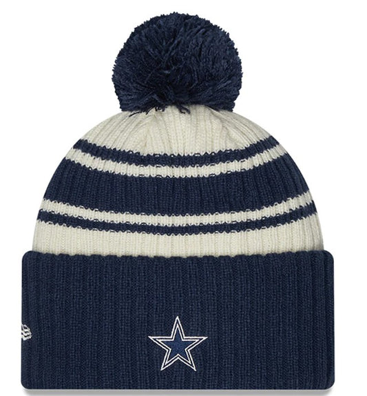 New Era Cream/Navy Dallas Cowboys 2022 Sideline Sport Cuffed Pom Knit Hat