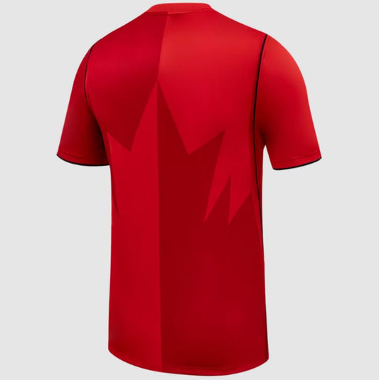 Red t-shirt with black accents on a light gray background
