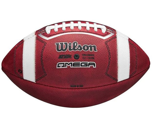 Red and white football with Wilson Omega branding on a white background