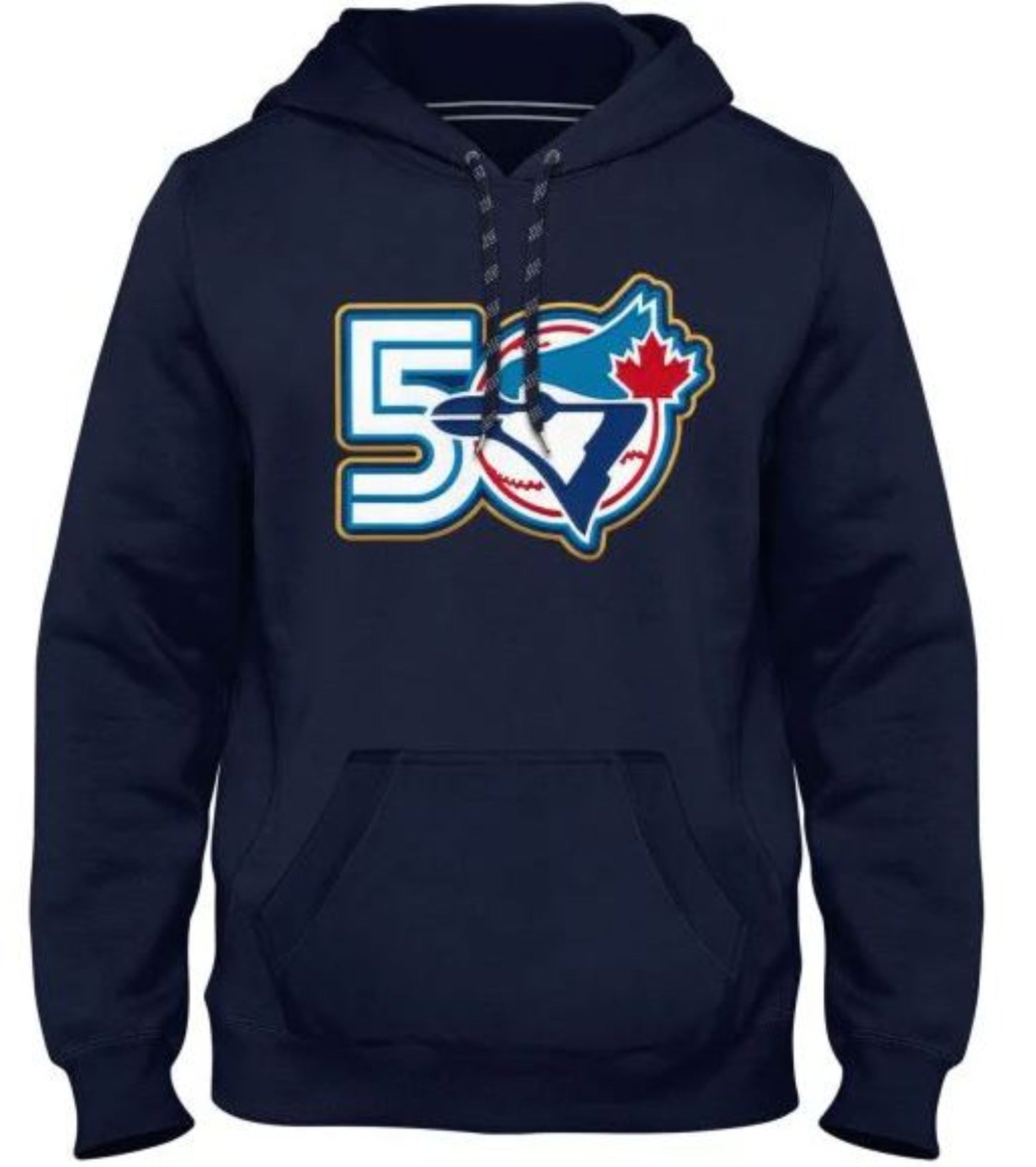 Navy blue hoodie with Toronto Blue Jays team logo and number 50 on a white background