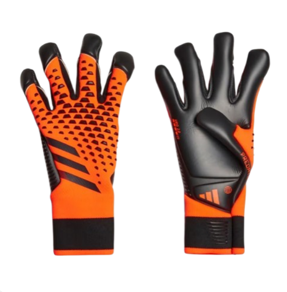 Pair of orange and black gloves with Adidas logo on a white background
