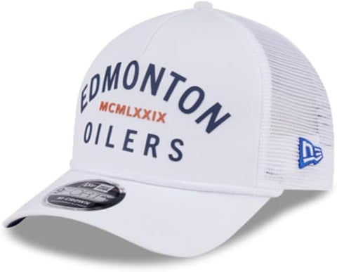New Era NHL Edmonton Oilers Minimalist 9FORTY A-Frame Trucker Adjustable Snapback Hat - White