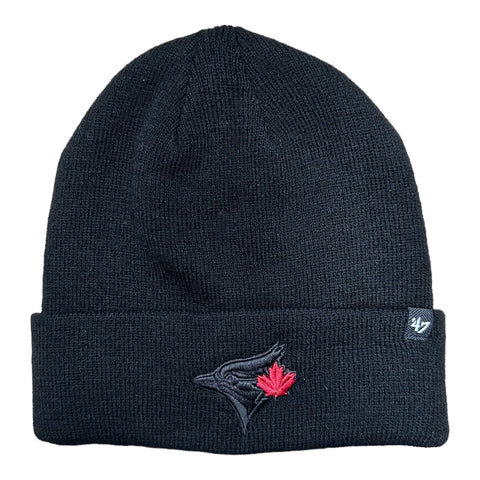 Toronto Blue Jays '47 Brand Black on Black Cuff Knit Toque - Red Maple Leaf