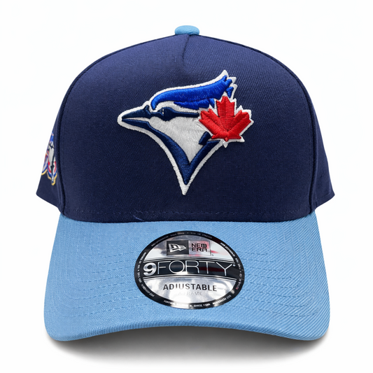 New Era 9FORTY A-Frame MLB Toronto Blue Jays Two Tone 50th Anniversary Side Patch Custom Collection Adjustable Hat - Navy/Powder Blue