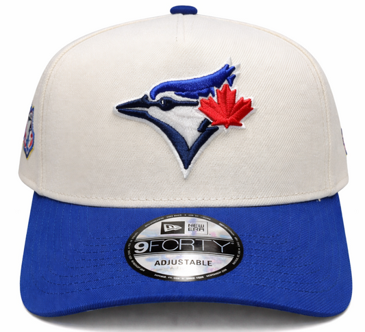 New Era 9FORTY A-Frame MLB Toronto Blue Jays Two Tone 50th Anniversary Side Patch Custom Collection Adjustable Hat - Off-White/Royal Blue