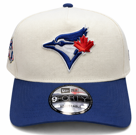 New Era 9FORTY A-Frame MLB Toronto Blue Jays Two Tone 50th Anniversary Side Patch Custom Collection Adjustable Hat - Off-White/Navy Blue