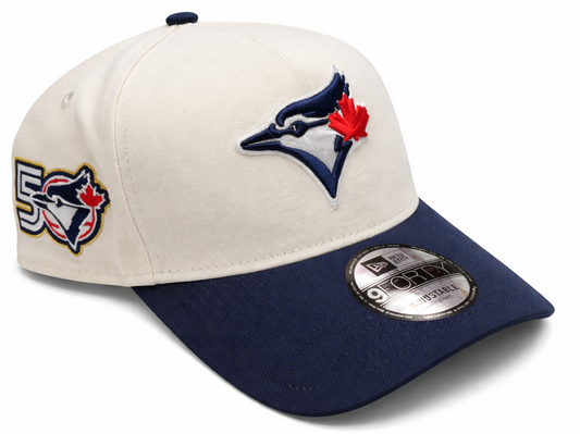 New Era 9FORTY A-Frame MLB Toronto Blue Jays Two Tone 50th Anniversary Side Patch Custom Collection Adjustable Hat - Off-White/Navy Blue