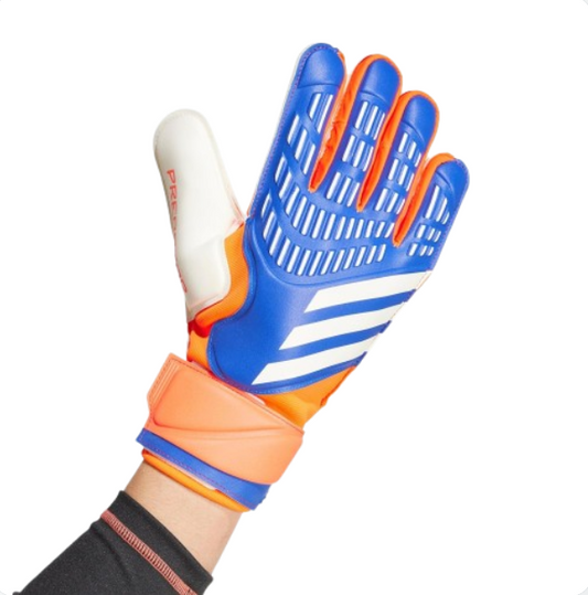 Blue and orange soccer glove with white accents on a white background