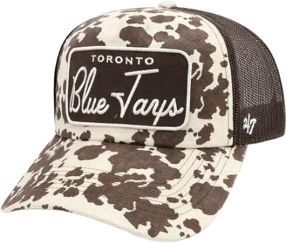 47 MLB Toronto Blue Jays Script Wordmark Patch Adjustable Cow Print Trucker Hat - Cream/Brown
