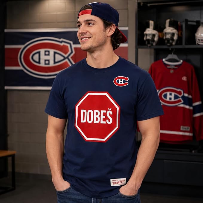 Mitchell & Ness NHL Montreal Canadiens Jakub Dobes Stop Sign Goaltender Heavyweight T-Shirt - Navy