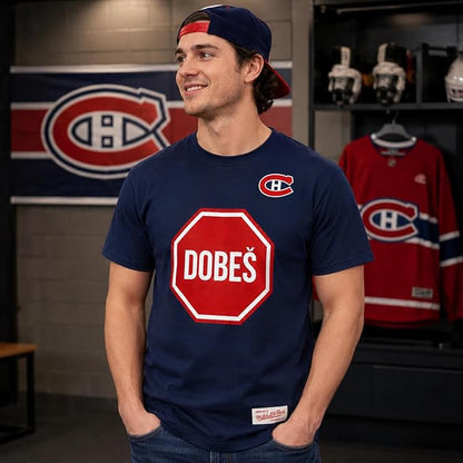 Mitchell & Ness NHL Montreal Canadiens Jakub Dobes Stop Sign Goaltender Heavyweight T-Shirt - Navy