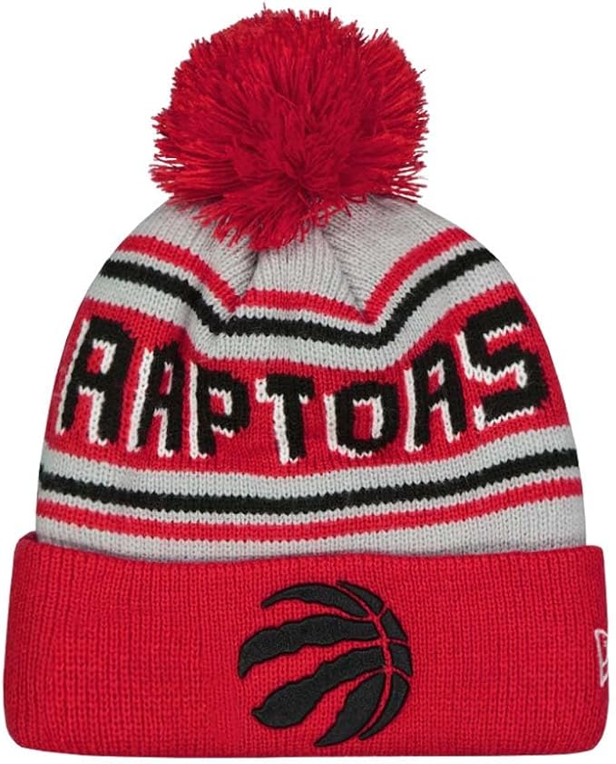 New Era Men's Toronto Raptors Grey Red Official Evergreen Cuffed Knit Hat with Pom