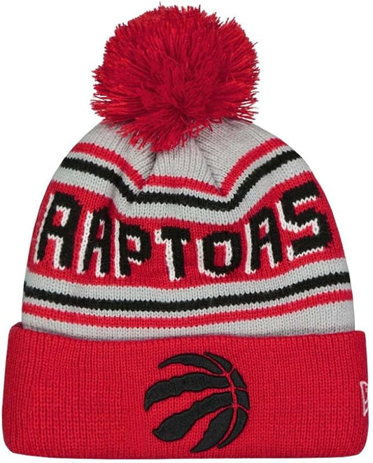 New Era Men's Toronto Raptors Grey Red Official Evergreen Cuffed Knit Hat with Pom