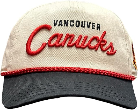 American Needle NHL Vancouver Canucks Roscoe Alt Adjustable Snapback Hat with Side Patch - Cream/Black
