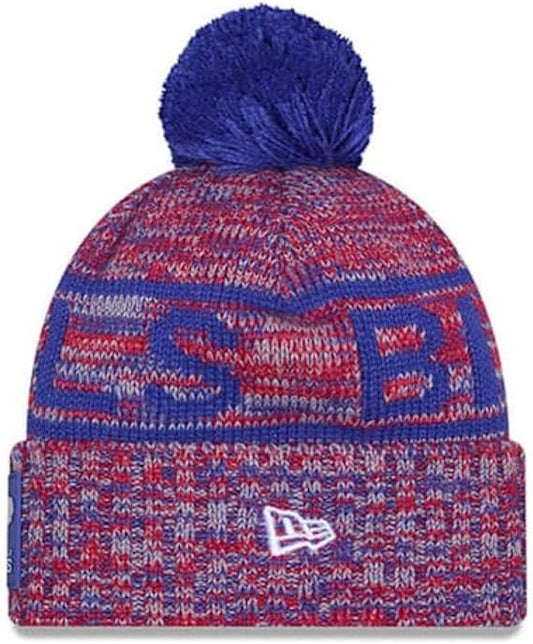 New Era NFL Buffalo Bills Legacy Historic Logo 2025 Sideline Cold Weather Cuffed Knit Hat with Pom - Red/Blue