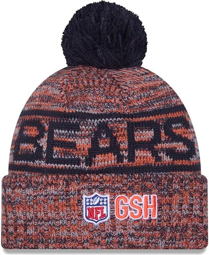 New Era NFL Chicago Bears 2025 Sideline Cold Weather Cuffed Knit Hat with Pom - Orange/Black