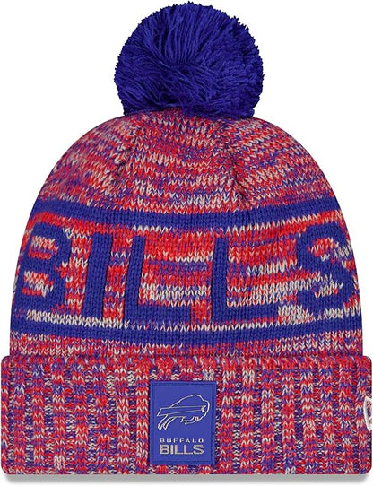 New Era NFL Buffalo Bills 2025 Sideline Cold Weather Cuffed Knit Hat with Pom - Red/Blue