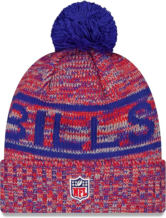 New Era NFL Buffalo Bills 2025 Sideline Cold Weather Cuffed Knit Hat with Pom - Red/Blue