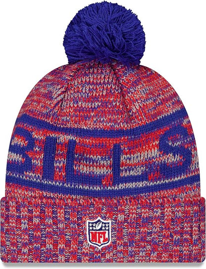 New Era NFL Buffalo Bills 2025 Sideline Cold Weather Cuffed Knit Hat with Pom - Red/Blue