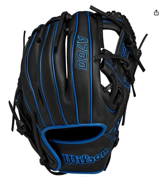Black baseball glove with blue accents and 'Wilson' branding on a white background