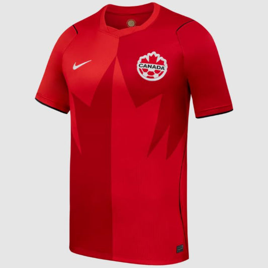 Red soccer jersey with Canada logo on a gray background