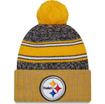 Men's New Era Black/Gold Pittsburgh Steelers 2023 Sideline Sport Cuffed Pom Knit Hat