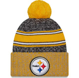 Men's New Era Black/Gold Pittsburgh Steelers 2023 Sideline Sport Cuffed Pom Knit Hat