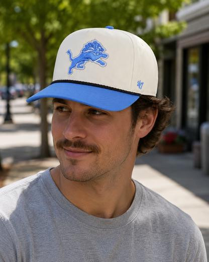 '47 NFL Detroit Lions Natural Rope TT Hitch Adjustable Snapback Hat - White/Blue