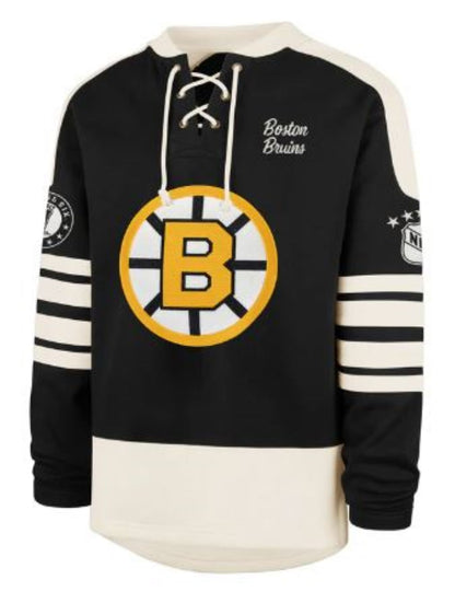 '47 NHL Boston Bruins Golden Age Sweep Check Eternal Lacer Fleece Hoodie - Black/White