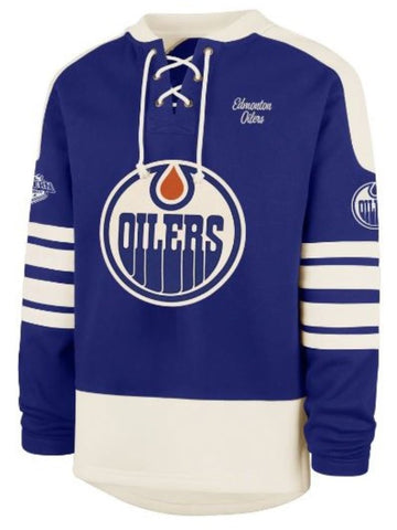 '47 NHL Edmonton Oilers Golden Age Sweep Check Eternal Lacer Fleece Hoodie - Blue/White