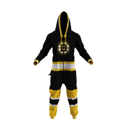A black and yellow Boston Bruins themed hockey onesie with a hoodie, pockets, and an emergency '5 hole trapper' flap at the rear.