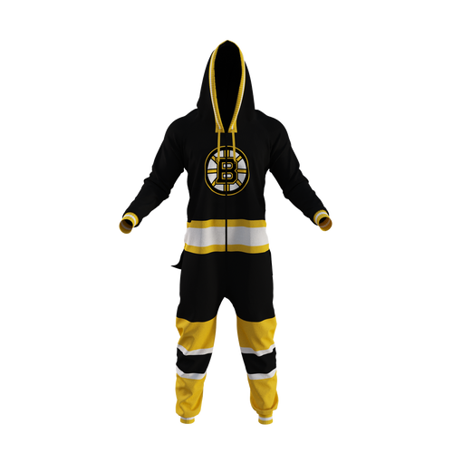 A black and yellow Boston Bruins themed hockey onesie with a hoodie, pockets, and an emergency '5 hole trapper' flap at the rear.