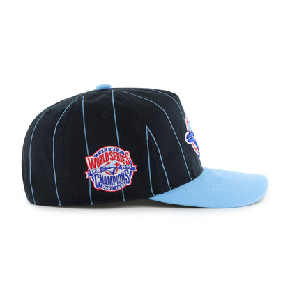 '47 MLB Toronto Blue Jays World Series 1992/93 Pinstripe Hitch Adjustable Snapback Hat - Black/Blue