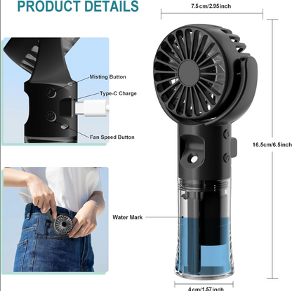Frelisiy Handheld Misting Fan Rechargeable Battery Operated 360° Swiveling Personal Fan for Travel Camping Outdoor (Black)