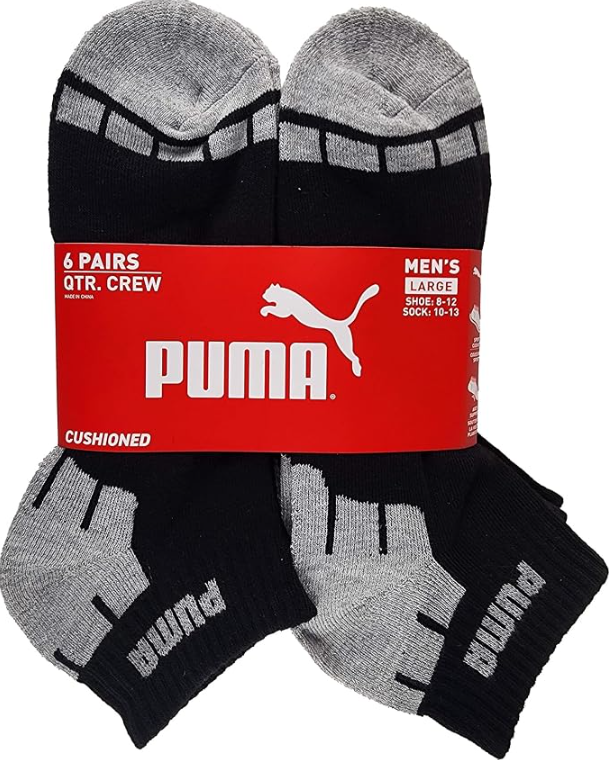 Puma - Men's Quarter Crew Socks, Shoe Size 8-12  -Black