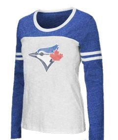 Bulletin Womens MLB Toronto Blue Jays Distressed Logo Long Sleeve Striped Sleeve Tee - White/Royal