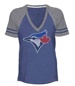 Bulletin Womens MLB Toronto Blue Jays Distressed Logo V-Neck T-Shirt - Royal Blue/Grey