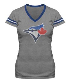Bulletin Womens MLB Toronto Blue Jays Distressed Logo V-Neck Striped Sleeve T Shirt - Grey/White/Royal Blue