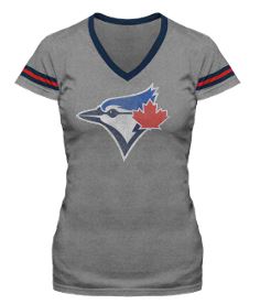 Bulletin Womens MLB Toronto Blue Jays Distressed Logo V-Neck Striped Sleeve T Shirt - Grey/Red/Navy