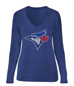 Bulletin Womens MLB Toronto Blue Jays Distressed Logo Basic V-Neck Long Sleeve Tee - Royal Blue