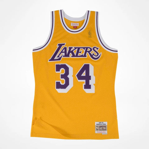 Mitchell and Ness LA Lakers Men's Mitchell & Ness 1996-97 Shaquille O'Neal  #34 Space Knit Swingman Jersey Gold