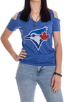 Bulletin Womens MLB Toronto Blue Jays Distressed Logo Off the Shoulder V-Neck Tee - Royal Blue