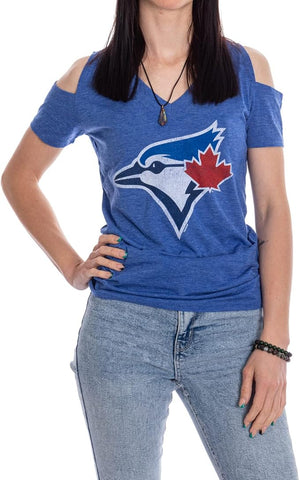 Bulletin Womens MLB Toronto Blue Jays Distressed Logo Off the Shoulder V-Neck Tee - Royal Blue